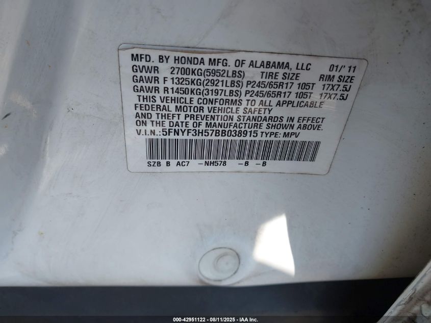 2011 Honda Pilot Ex-L VIN: 5FNYF3H57BB038915 Lot: 42951122