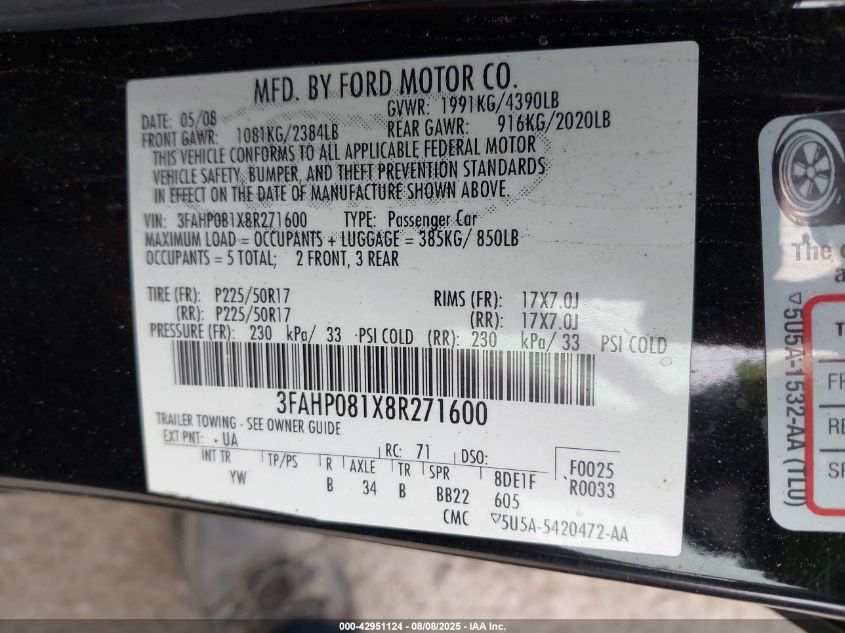 2008 Ford Fusion Sel VIN: 3FAHP081X8R27160 Lot: 42951124