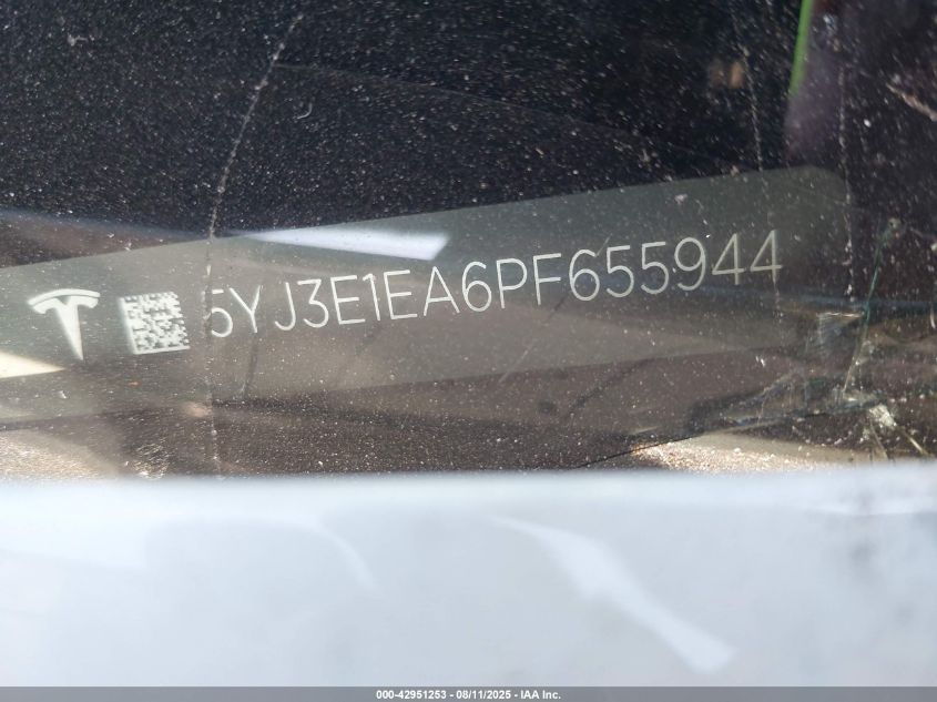 2023 Tesla Model 3 Rear-Wheel Drive VIN: 5YJ3E1EA6PF655944 Lot: 42951253