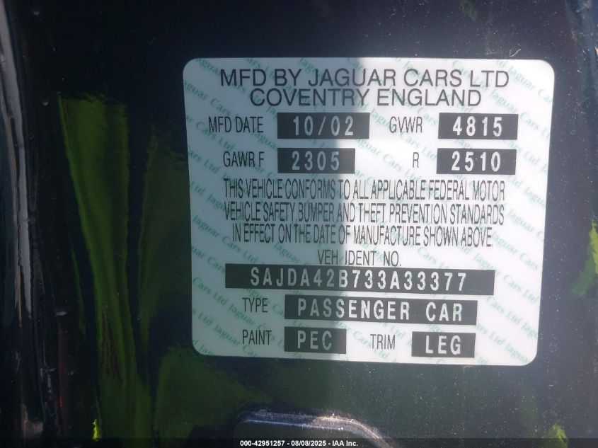 2003 Jaguar Xkr VIN: SAJDA42B733A33377 Lot: 42951257