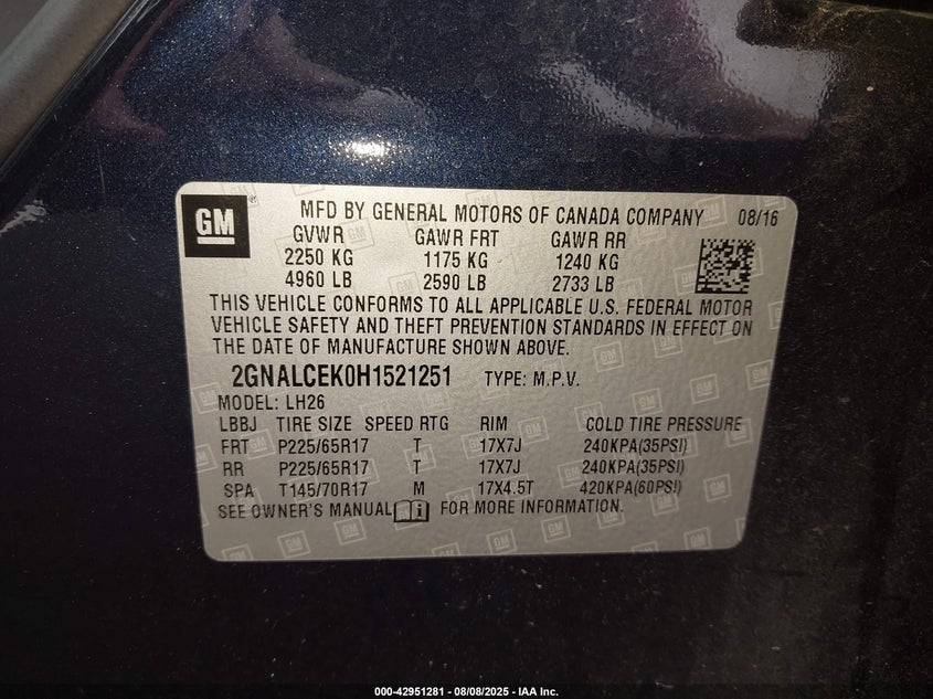 2017 CHEVROLET EQUINOX LT - 2GNALCEK0H1521251