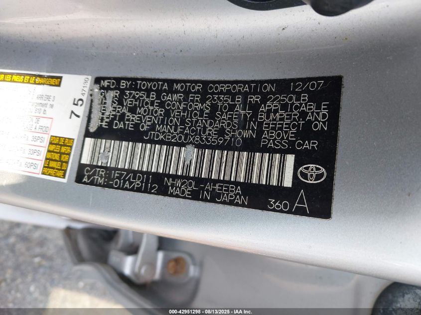 2008 Toyota Prius VIN: JTDKB20UX83359710 Lot: 42951298