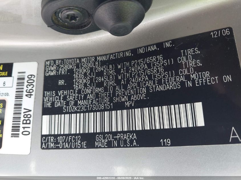 2007 Toyota Sienna Le VIN: 5TDZK23C17S008151 Lot: 42951310