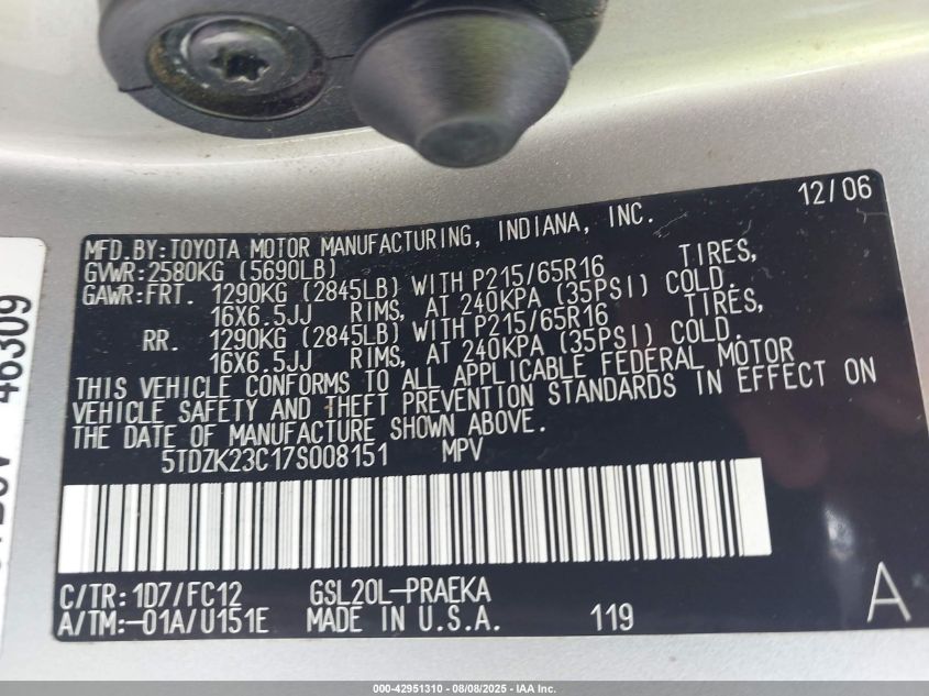2007 Toyota Sienna Le VIN: 5TDZK23C17S008151 Lot: 42951310