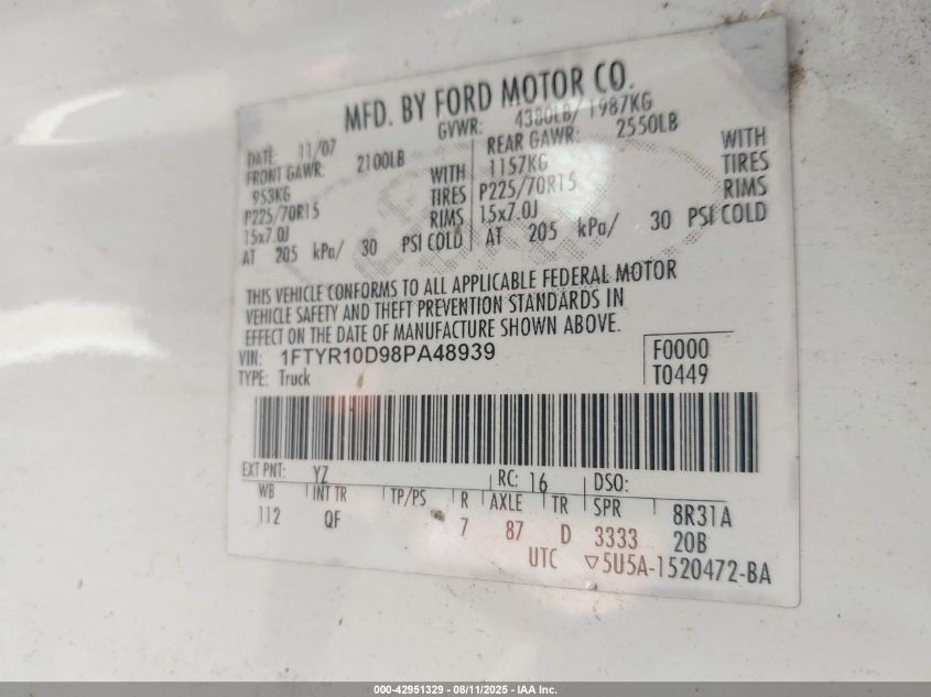 2008 Ford Ranger VIN: 1FTYR10D98PA48939 Lot: 42951329