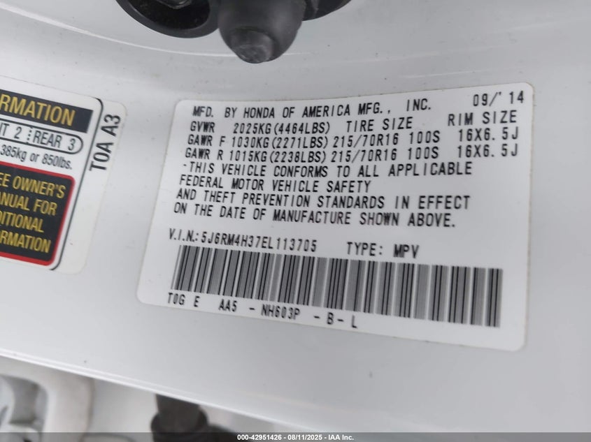 2014 HONDA CR-V LX 5J6RM4H37EL113705