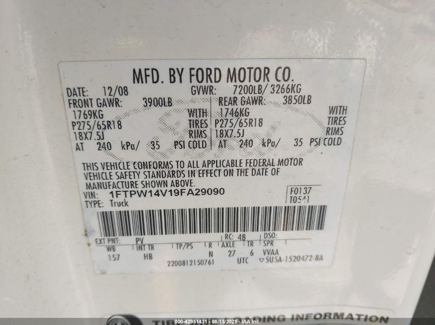 2009 Ford F-150 Lariat VIN: 1FTPW14V19FA29090 Lot: 42951431