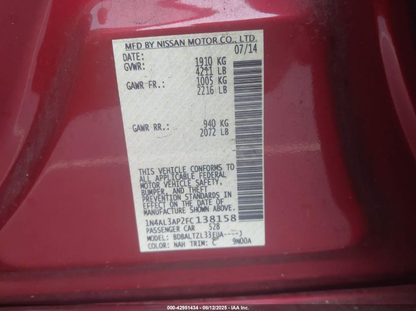 2015 Nissan Altima 2.5 Sl VIN: 1N4AL3AP2FC138158 Lot: 42951434