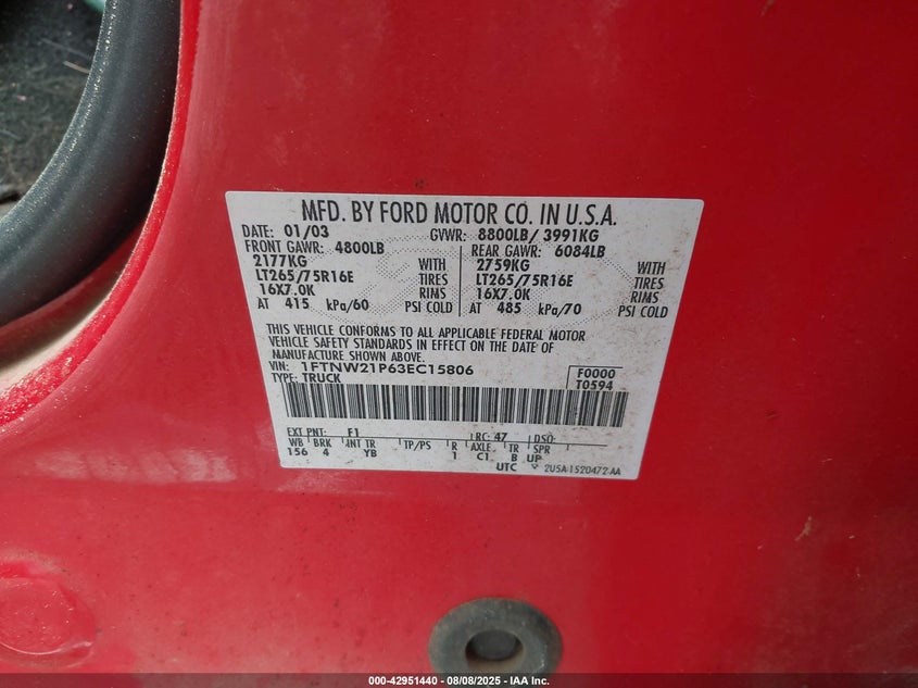 2003 Ford F-250 Lariat/Xl/Xlt VIN: 1FTNW21P63EC15806 Lot: 42951440