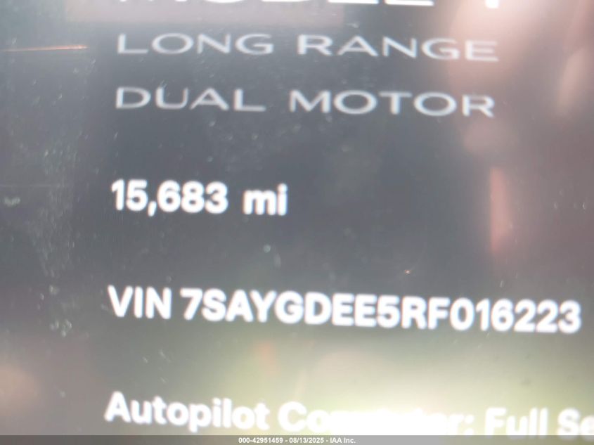 2024 Tesla Model Y Long Range Dual Motor All-Wheel Drive VIN: 7SAYGDEE5RF016223 Lot: 42951459