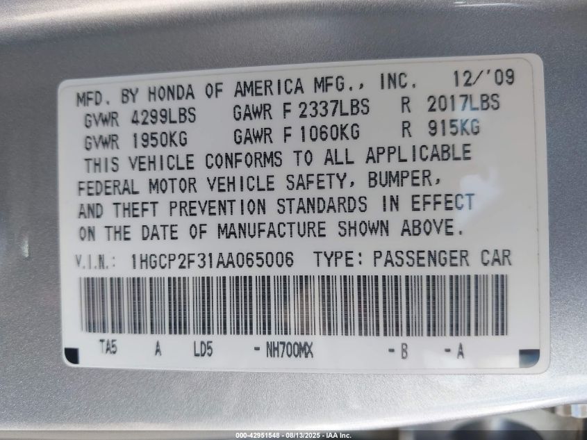 2010 Honda Accord 2.4 Lx VIN: 1HGCP2F31AA065006 Lot: 42951548