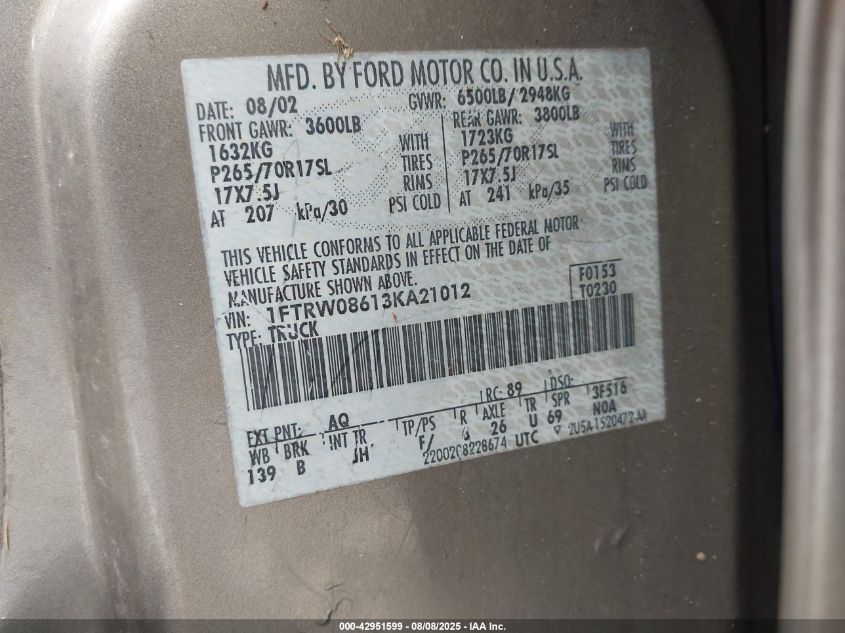 2003 Ford F-150 Lariat/Xlt VIN: 1FTRW08613KA21012 Lot: 42951599