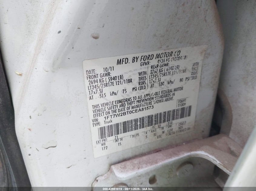 2012 Ford F250 Super Duty VIN: 1FT7W2BTOCEA81573 Lot: 42951819