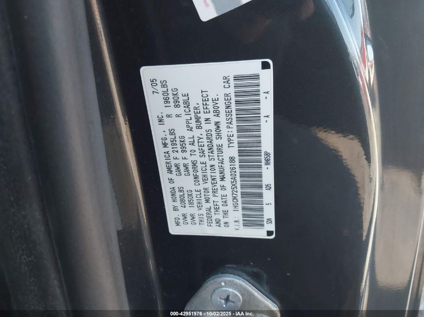 2005 Honda Accord 2.4 Lx Special Edition VIN: 1HGCM725X5A026188 Lot: 42951976