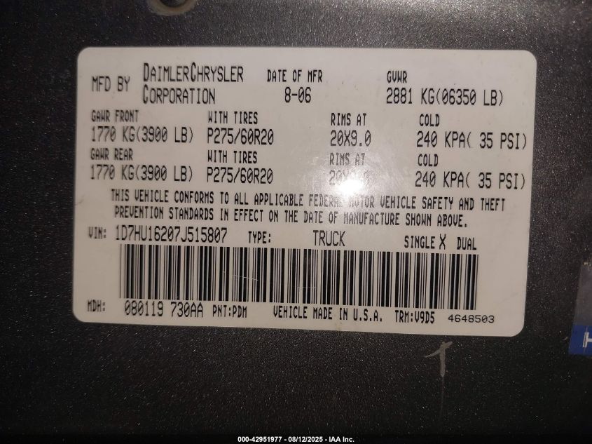 2007 Dodge Ram 1500 Slt/Trx4 Off Road/Sport VIN: 1D7HU16207J515807 Lot: 42951977
