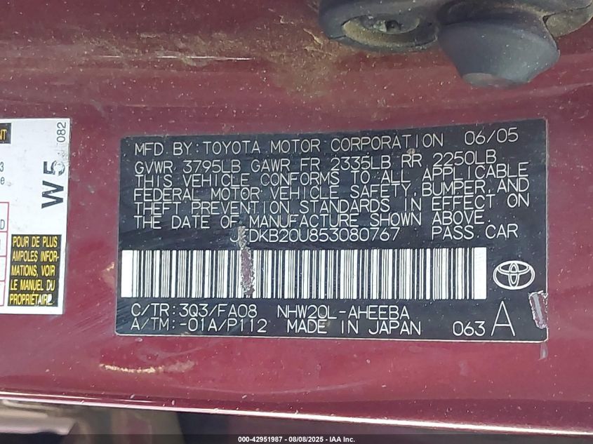 2005 Toyota Prius VIN: JTDKB20U853080767 Lot: 42951987