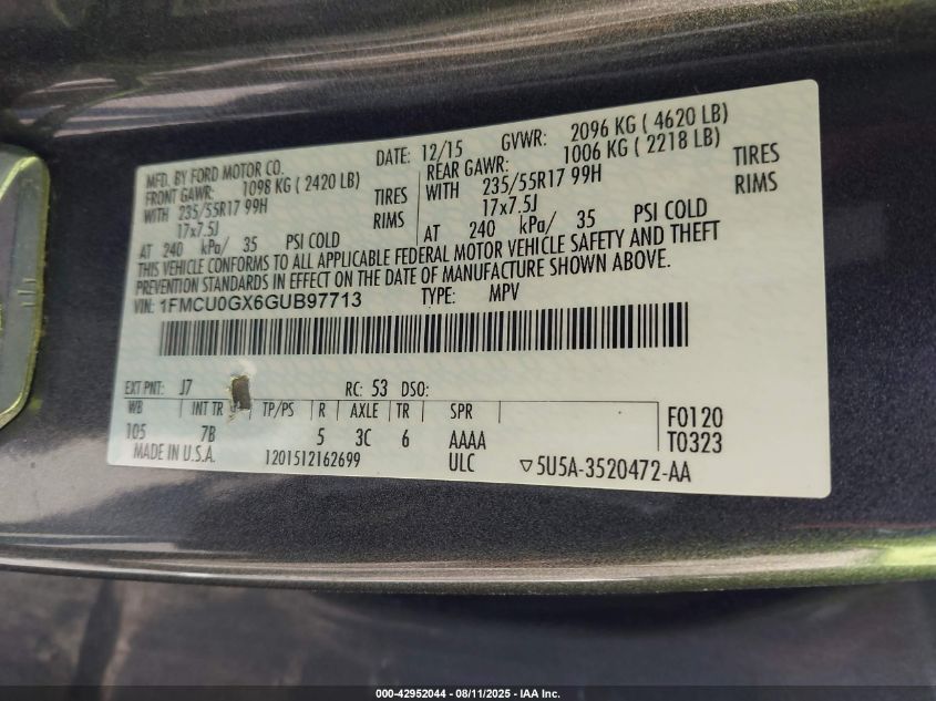 2016 Ford Escape Se VIN: 1FMCU0GX6GUB97713 Lot: 42952044