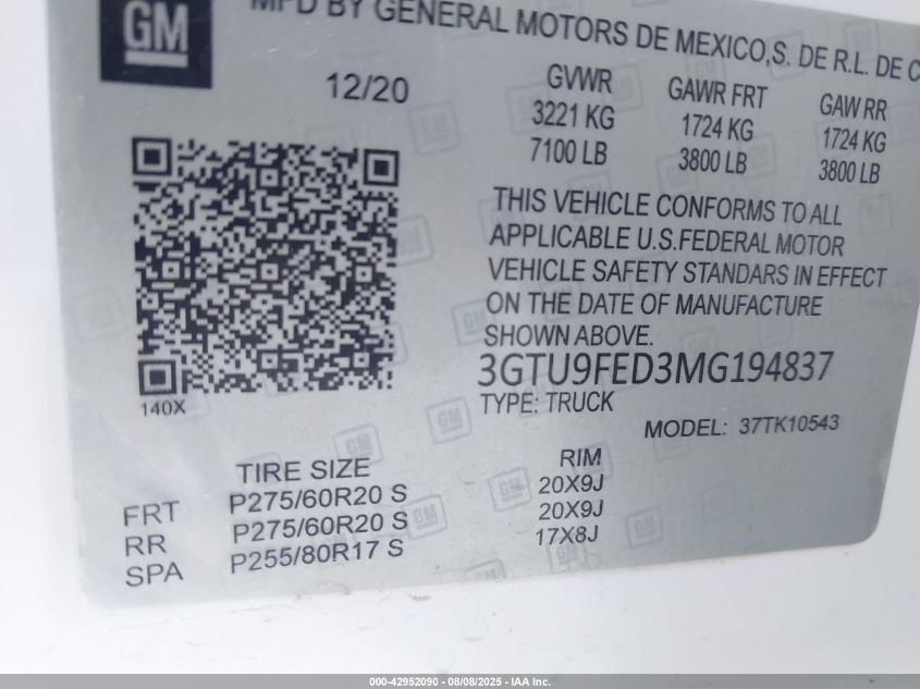 2021 GMC Sierra 1500 2Wd Short Box Denali VIN: 1GTP8FED0MZ143523 Lot: 42952090