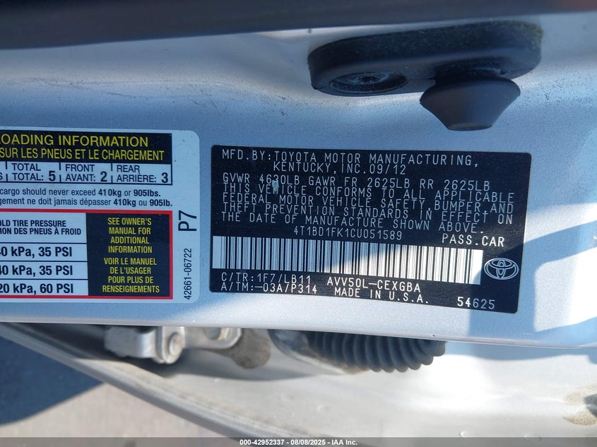 2012 Toyota Camry Hybrid Xle VIN: 4T1BD1FK1CU051589 Lot: 42952337