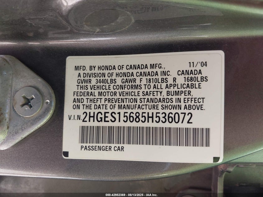 2005 Honda Civic Lx VIN: 2HGES15685H536072 Lot: 42952369