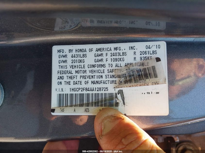 2010 Honda Accord 2.4 Ex-L VIN: 1HGCP2F84AA128725 Lot: 42952382