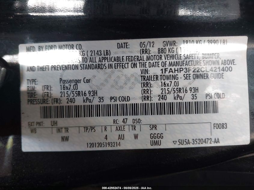 2012 Ford Focus Se VIN: 1FAHP3F22CL421400 Lot: 42952474