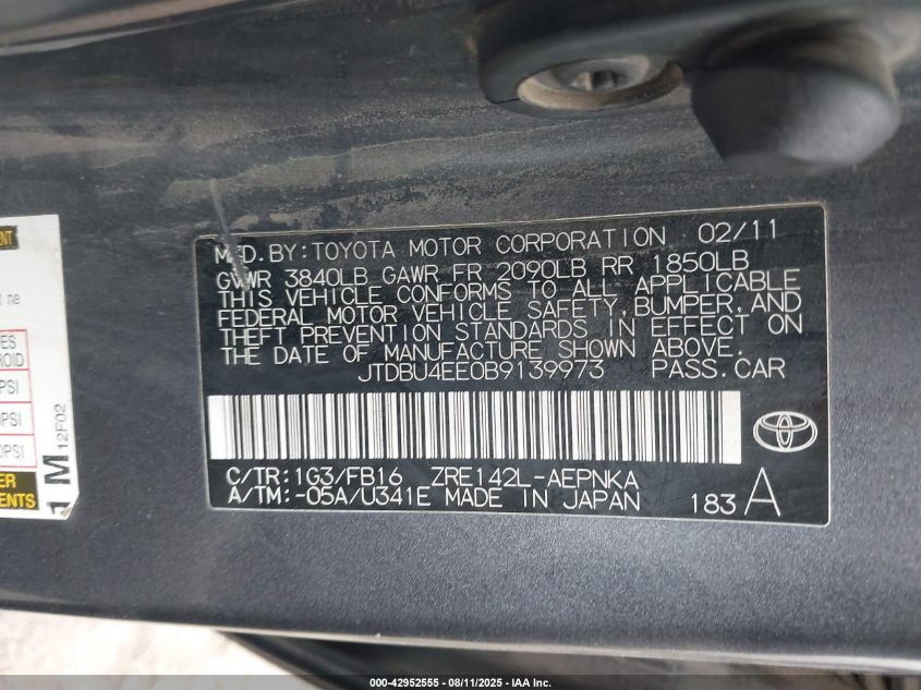 2011 Toyota Corolla Le VIN: JTDBU4EE0B9139973 Lot: 42952555