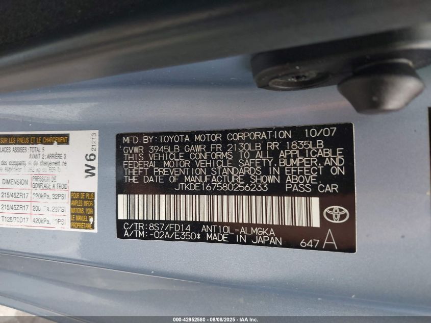 2008 Scion Tc VIN: JTKDE167580256233 Lot: 42952580