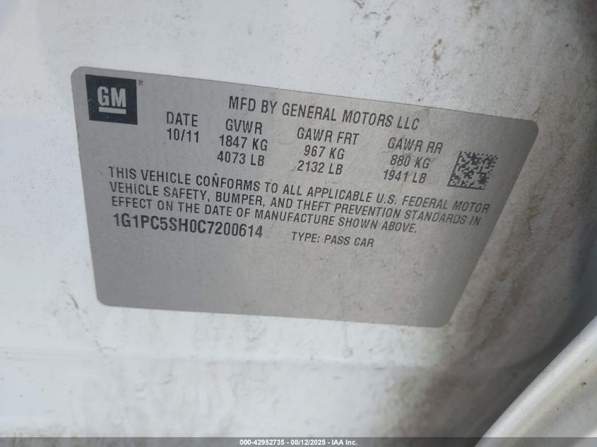 2012 Chevrolet Cruze Ls VIN: 1G1PC5SH0C7200614 Lot: 42952735