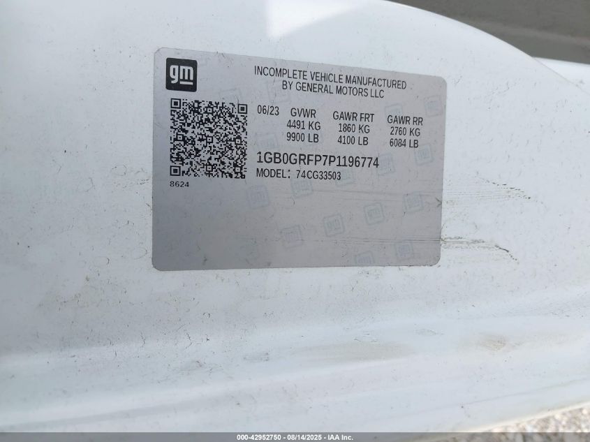 2023 Chevrolet Express Cutaway Work Van VIN: 1GB0GRFP7P1196774 Lot: 42952750