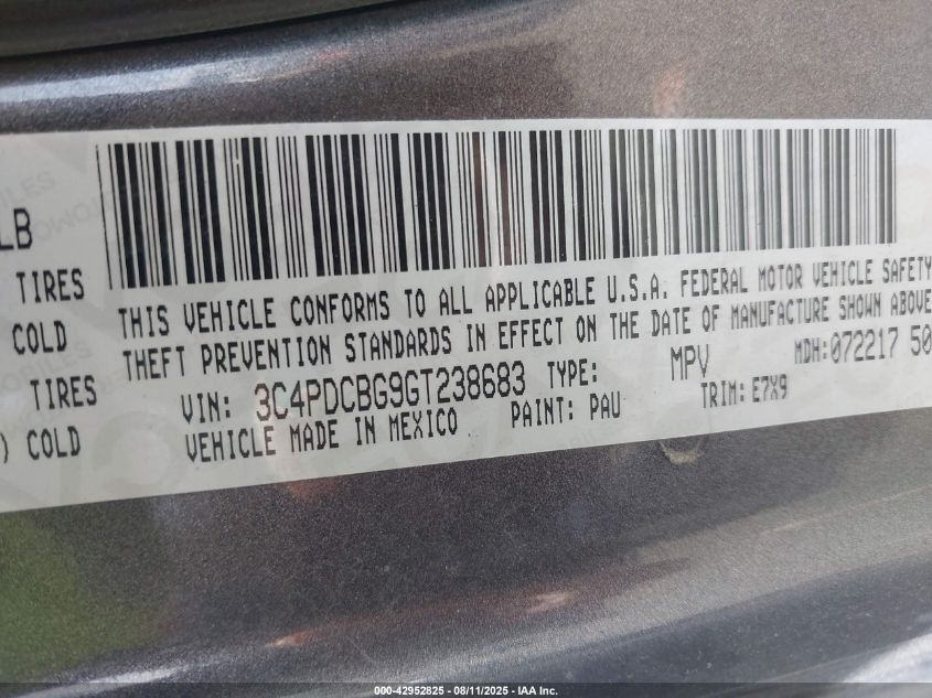 2016 Dodge Journey Sxt VIN: 3C4PDCBG9GT238683 Lot: 42952825