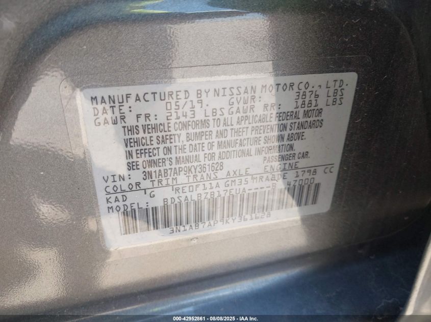 2019 Nissan Sentra S VIN: 3N1AB7AP9KY361628 Lot: 42952861