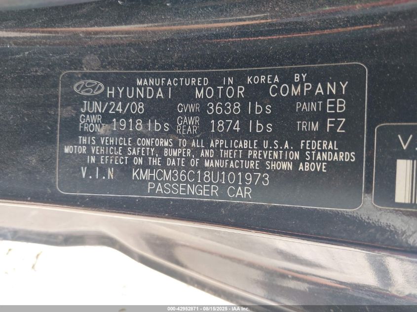 2008 Hyundai Accent Gs VIN: KMHCM36C18U101973 Lot: 42952871
