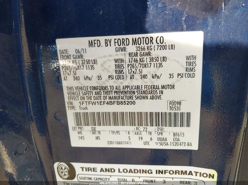 2011 Ford F-150 Xlt VIN: 1FTFW1EF4BFB85200 Lot: 42952902