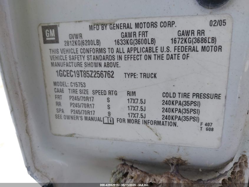 2005 Chevrolet Silverado 1500 Ls VIN: 1GCEC19T85Z256762 Lot: 42952915