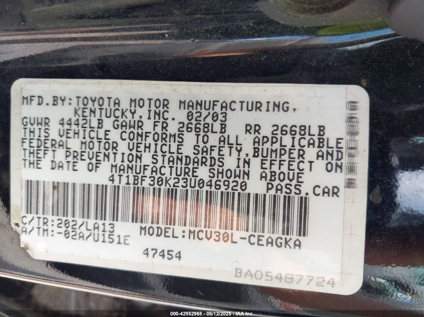 2003 Toyota Camry Xle V6 VIN: 4T1BF30K23U046920 Lot: 42952968