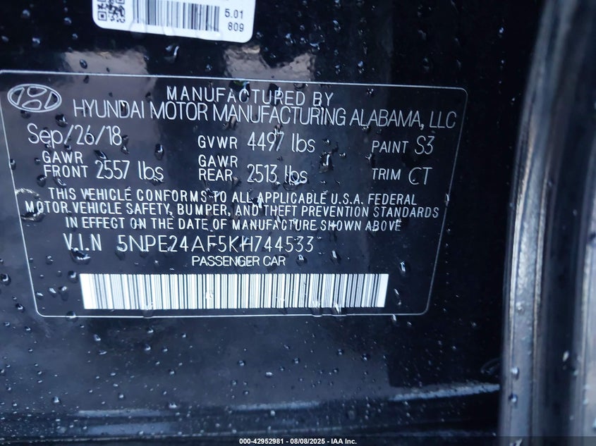 2019 HYUNDAI SONATA SE - 5NPE24AF5KH744533