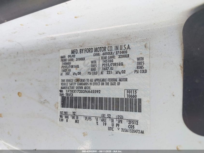 2003 Ford F-150 Xl/Xlt VIN: 1FTRX17203NA45592 Lot: 42952991