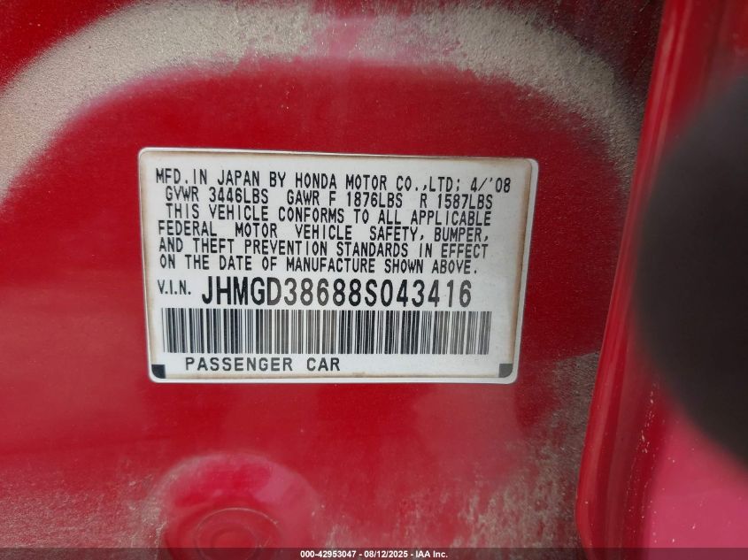 2008 Honda Fit Sport VIN: JHMGD38688S043416 Lot: 42953047