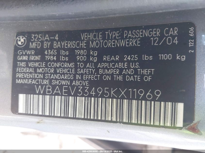 2005 BMW 325I VIN: WBAEV33495KX11969 Lot: 42953058