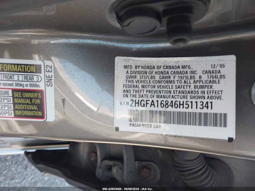 2006 Honda Civic Ex VIN: 2HGFA16846H511341 Lot: 42953068