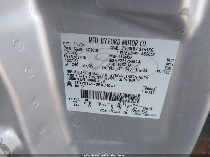 2005 Ford F-150 VIN: 1FTPX14575FA34043 Lot: 42953150