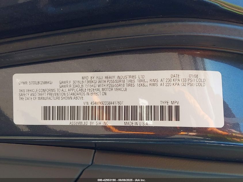 2008 Subaru Tribeca Limited 5-Passenger VIN: 4S4WX92D384417607 Lot: 42953198