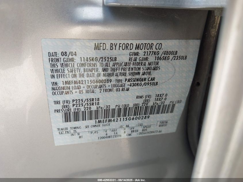 2005 Mercury Montego Premier VIN: 1MEFM42115G600289 Lot: 42953331