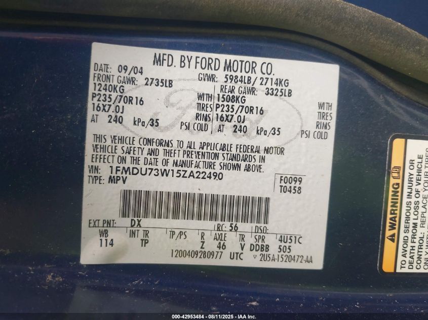 2005 Ford Explorer Xlt/Xlt Sport VIN: 1FMDU73W15ZA22490 Lot: 42953484