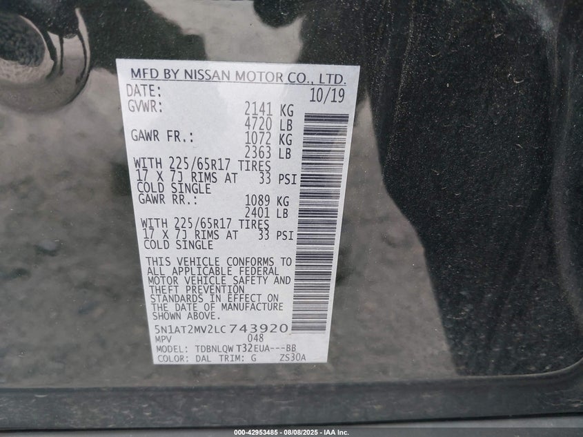 VIN 5N1AT2MV2LC743920 2020 NISSAN ROGUE SV INTELLIGENT AWD