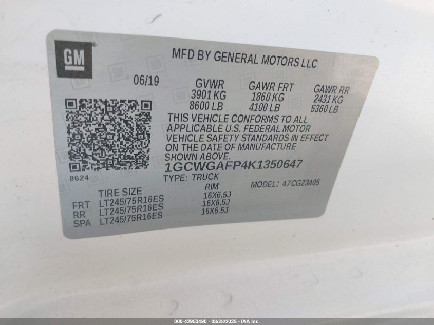 2019 Chevrolet Express 2500 Work Van VIN: 1GCWGAFP4K1350647 Lot: 42953490