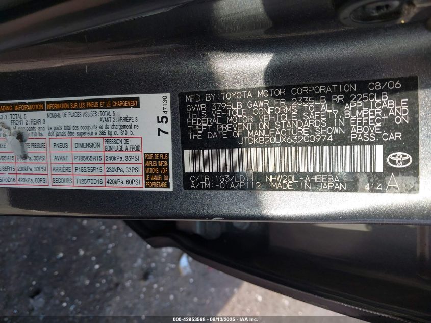 2006 Toyota Prius VIN: JTDKB20UX63200974 Lot: 42953568