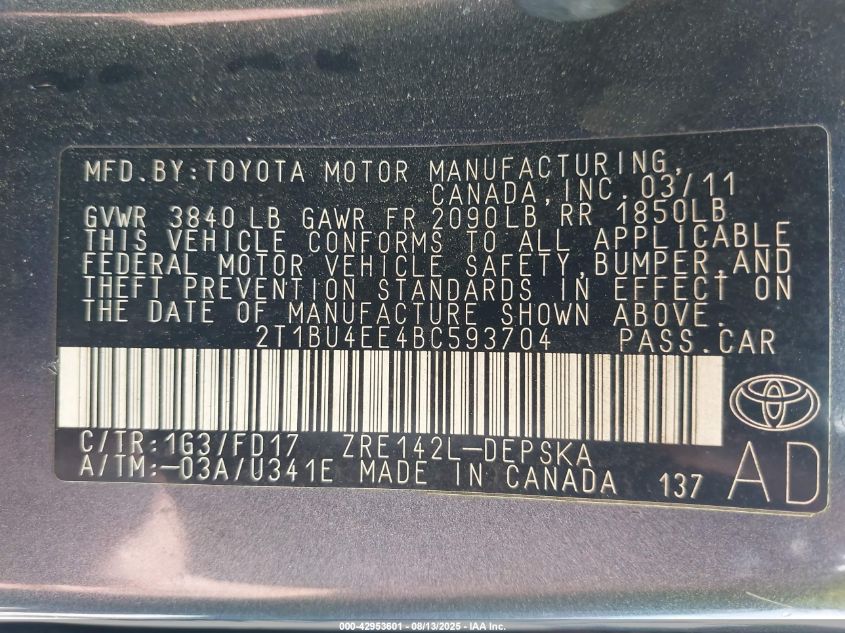 2011 Toyota Corolla S VIN: 2T1BU4EE4BC593704 Lot: 42953601