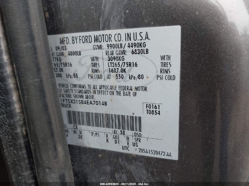 2004 Ford F-350 Lariat/Xl/Xlt VIN: 1FTSX31S84EA70148 Lot: 42953620